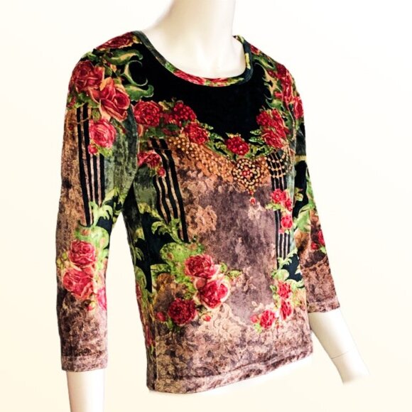 Take Two Tops - Take Two Velvet Floral Beaded Top 3/4 sleeve  Size M